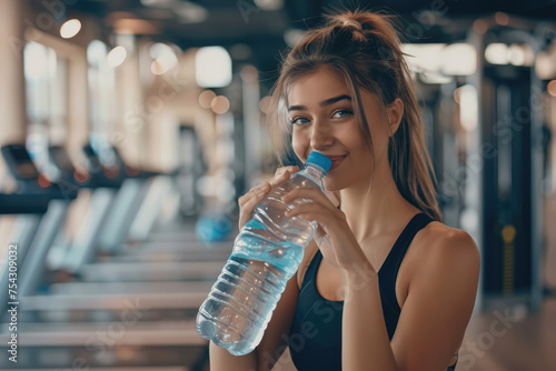 Beautiful young woman going to drink water from plastic bottle after workout in gym