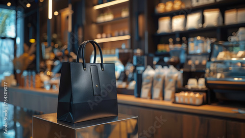 A black designer handbag in a boutique