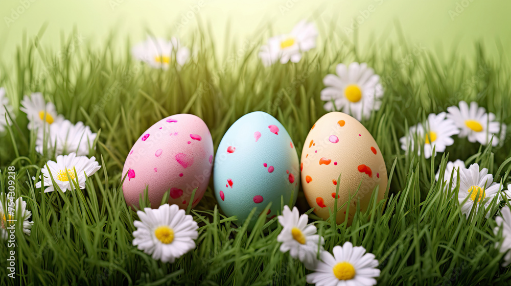 Easter Eggs in Grass with Spring Flowers on a Green Field. Happy Easter Sunday Banner or Poster