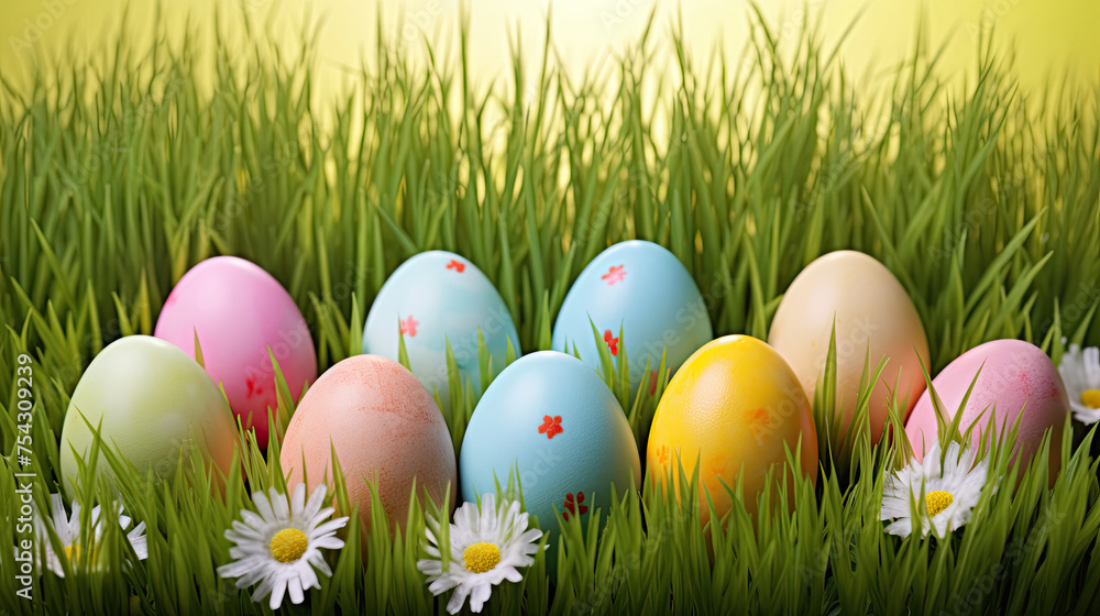 Easter Eggs in Grass with Spring Flowers on a Green Field. Happy Easter Sunday Banner or Poster