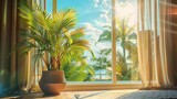 a room with curtains and a potted tropical plant 