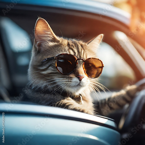 a cat wearing sunglasses driving a car
