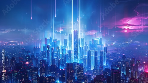 Neon cityscape reflection with towering skyscrapers and a futuristic vibe