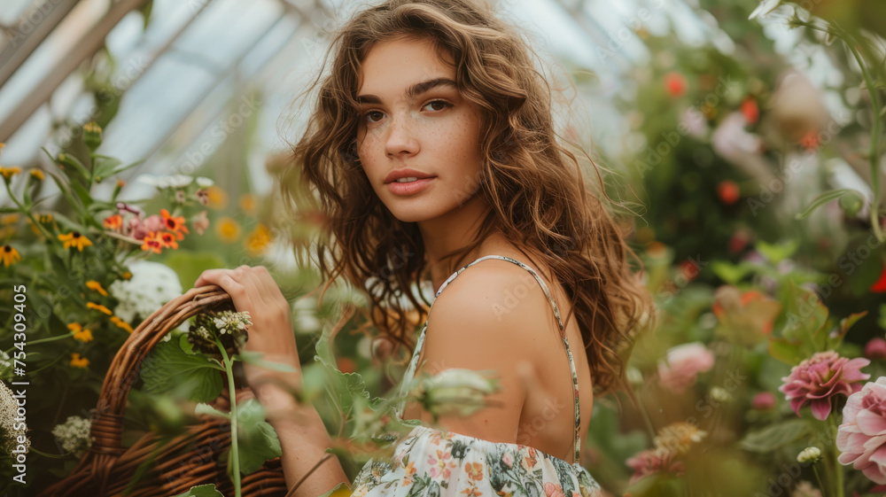 Young woman in a greenhouse with basket. Young woman in a greenhouse with basket.
