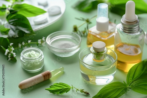 natural cosmetic, pharmaceutical raw materials, green background, Chemical laboratory research