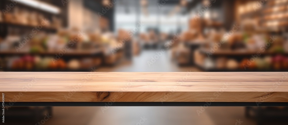 A blurry image capturing a wooden table in a warehouse setting, potentially used for product display or storage. The table appears well-maintained with a smooth surface,