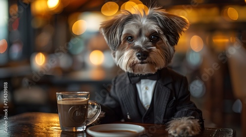Formal Attired Small Dog Savoring Coffee in Urban Evening Bar Gathering