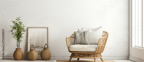 Boho chic living room featuring a wicker chair, floor vases, and a blank mockup poster frame against a crisp white wall.