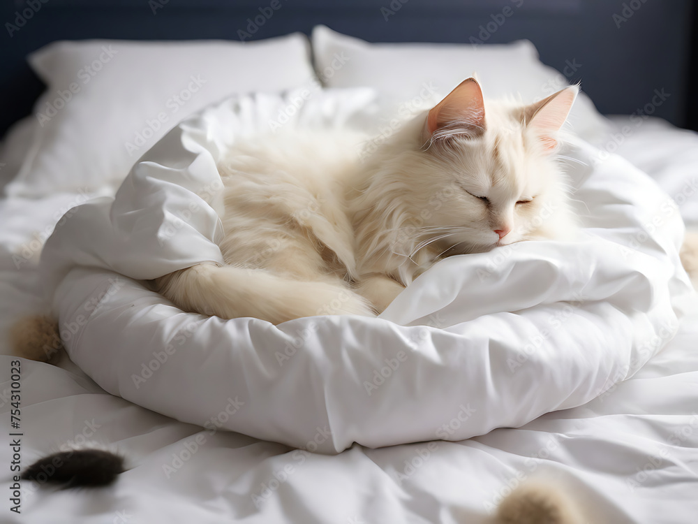a cat sleeping in white bed, good sleep spinner wearing untidy bed a cat sleeping in white bed, good sleep spinner wearing untidy bed