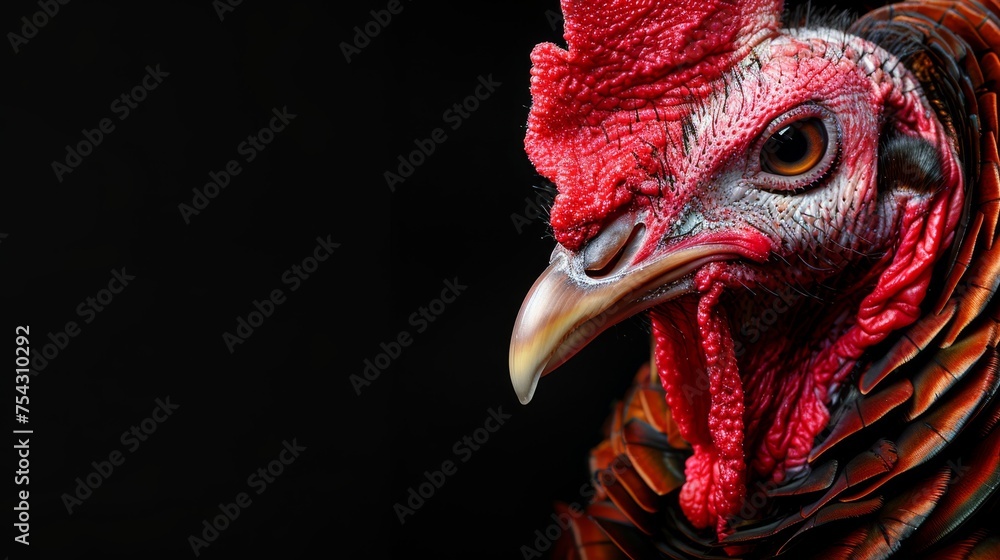  a close up of a rooster's head with a red comb on it's head and a black background. - obrazy, fototapety, plakaty 