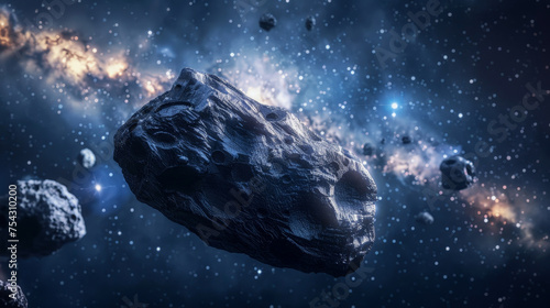 A large rock is flying through space with a few smaller rocks in the background