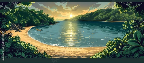Tropical Beach Serenity Pixel Art Style Sunset over Crystal Waters and Lush Jungle photo