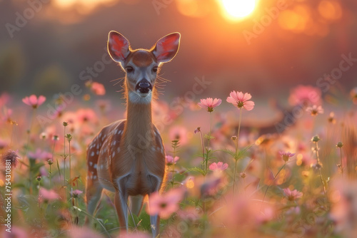 Deer in flower field with morning sunlight background. Generative ai. © tonktiti