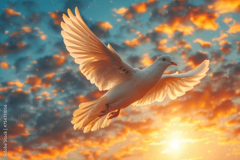 A symbol of peace, a white dove in full flight is set against a dramatic sunset sky with fiery clouds. - obrazy, fototapety, plakaty 