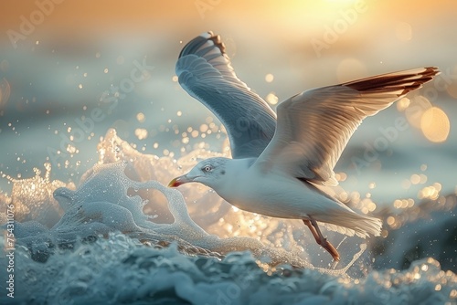 A seagull lifts off over the sparkling sea waves, bathed in the warm glow of the rising sun.