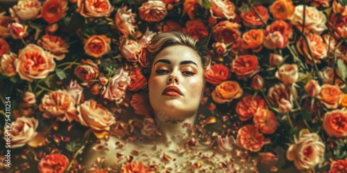Woman Surrounded by Closed Eyes Amongst Flowers. Generative AI