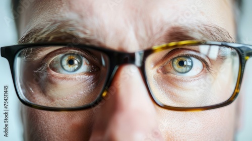 Close up of eyes of caucasian businessman wearing glasses at office. casual business, technology and office concept