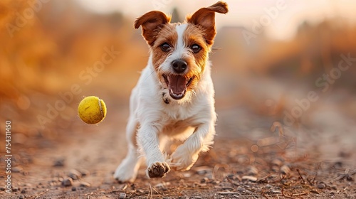 happy jack russell terrier dog running and bringing a tennis ball  photo