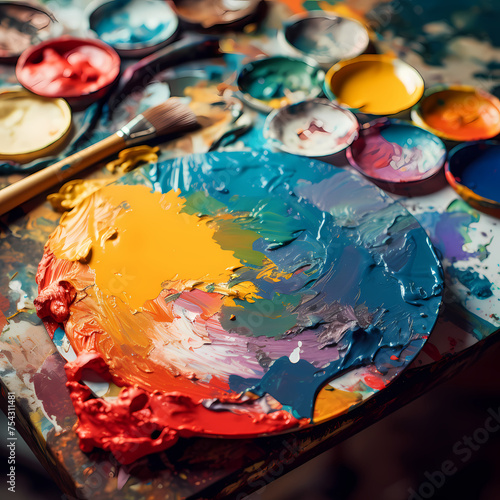 Close-up of a painters palette with vibrant colors
