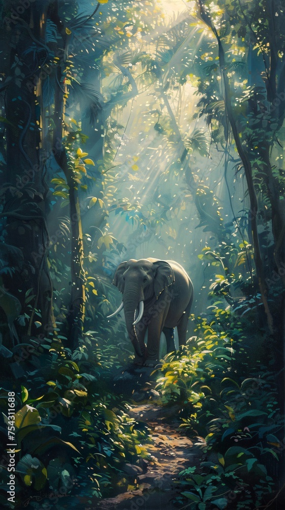 Fototapeta premium An elephant gracefully navigating through a dense rainforest its path illuminated by shafts of light piercing through the canopy above