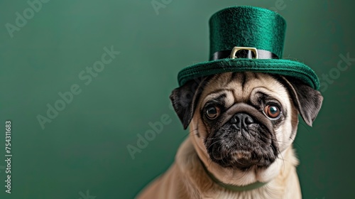 happy st patrick s day funny cute pug dog wearing leprechaun green hat on a green background march  photo