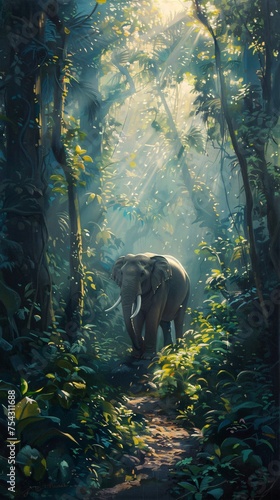 An elephant gracefully navigating through a dense rainforest its path illuminated by shafts of light piercing through the canopy above