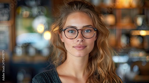 headshot portrait of young professional woman wearing glasses at coffee shop blurry background 