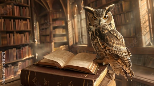 An owl at dusk its presence adding a sense of mystery and wisdom to the ancient library it calls home as the day fades into night