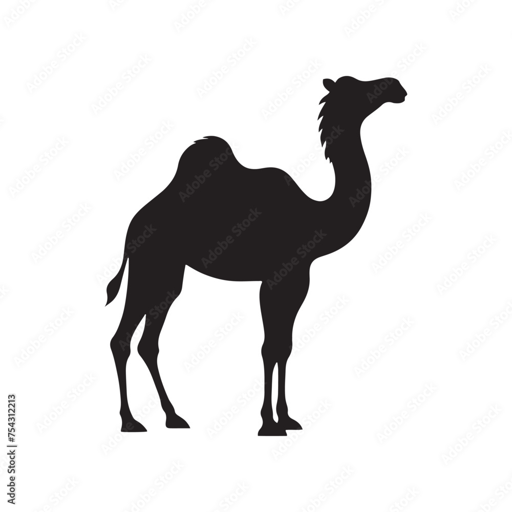 Fototapeta premium Sahara Serenity: Vector Camel Silhouette Set Against the Vast Desert Landscape, Perfect for Desert-themed Designs and Graphics. Minimalist vector Camel.