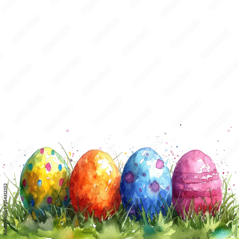 Four brightly colored Easter eggs nestled in vibrant green grass against a white background, space for text.
