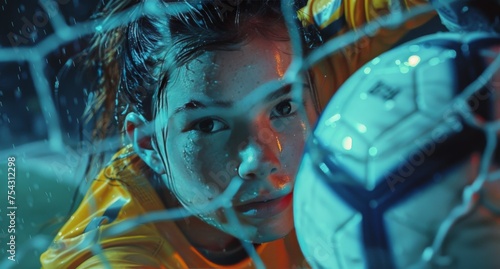 Woman Holding Soccer Ball Behind Net