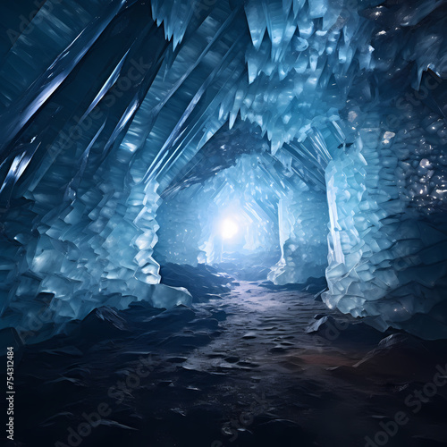 Ice cave with glowing crystals. 