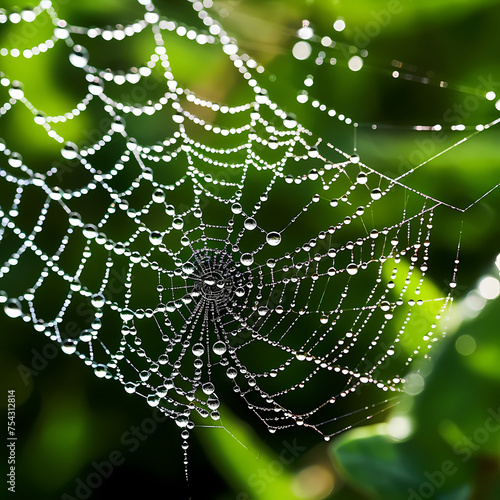 Macro shot of a spiders web covered in dew. © Cao