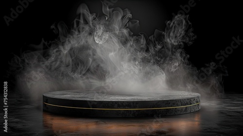 round black podium with smoke on dark background mock up for montage and products display 