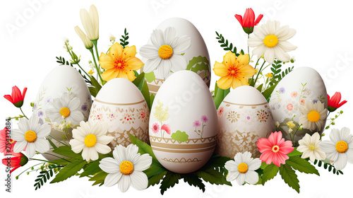 Colorful Easter Eggs and Flowers Decoration. Illustration on White Background