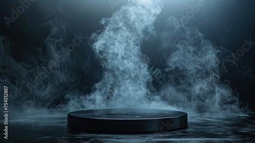 round black podium with smoke on dark background mock up for montage and products display 