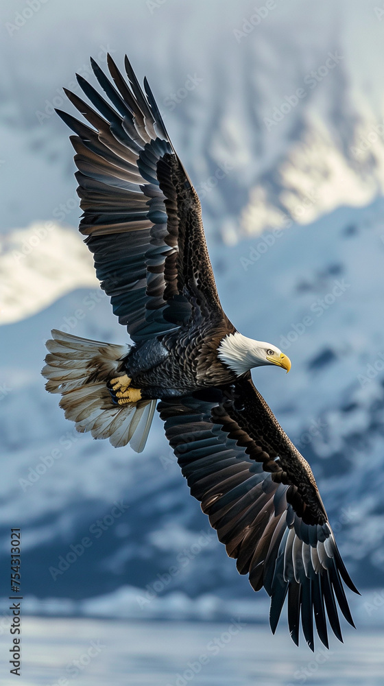 Obraz premium a bald eagle flying low over water with snowy mountains in the background, setting photographic. 8k. AI Generated