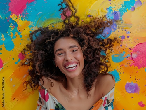 Joyful Woman with Colorful Abstract Background An exuberant young woman with curly hair smiles brightly against a vibrant, paint-splattered abstract background, embodying joy and creativity.