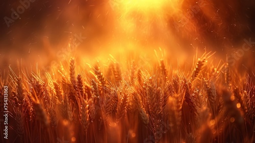  a close up of a field of wheat with the sun shining through the clouds and the grass in the foreground. © Kaija