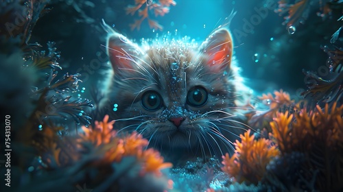 Fluffy Scottish Fold Cat Exploring Bioluminescent Kelp Forest in a Dreamlike Underwater World
