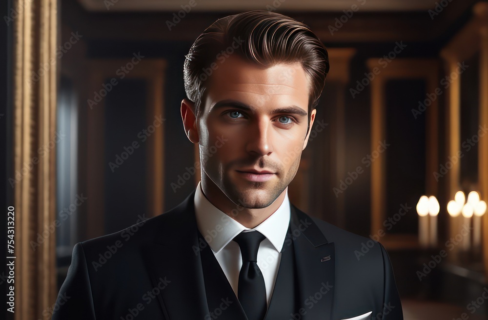 Gentleman in a black suit, ultra realistic, cinematic shot, short hair, inside an old mansion, subsurface scattering, Gentleman in a black suit, ultra realistic, cinematic shot, short hair, inside an old mansion, subsurface scattering,