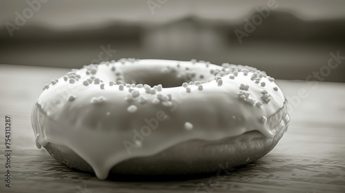  a white frosted donut sitting on top of a wooden table with sprinkles on top of it.