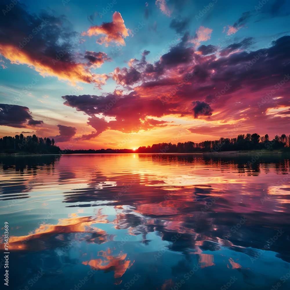 Sunset over a calm lake with vibrant colors. 