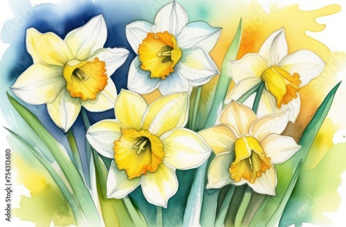 Narcissus flower painted in watercolor