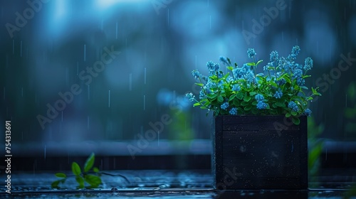  a potted plant sitting on top of a window sill in front of a rain soaked window sill.