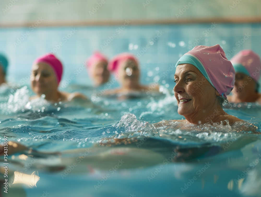 Active mature women enjoying aqua gym class in a pool, healthy retired lifestyle with seniors doing aqua fit sport. AI Generated