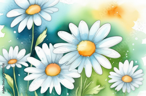 Chamomile flowers painted in watercolor