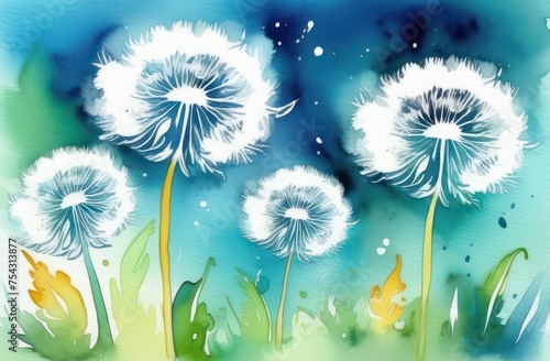 Dandelion flowers painted in watercolor
