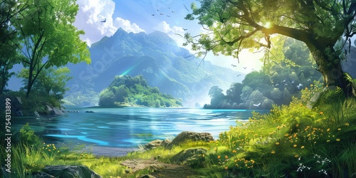 A beautiful lake nestled amidst a dense forest with towering trees