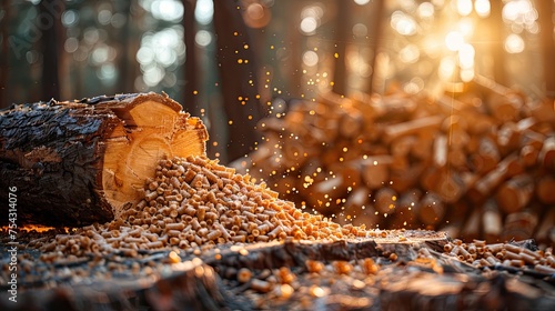 stack of biomass wood pellets pile and woodpile on background  photo